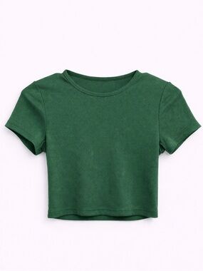 Green Ribbed Crop Top S Fitted Stretch Short Sleeve Baby Tee Trendy Casual